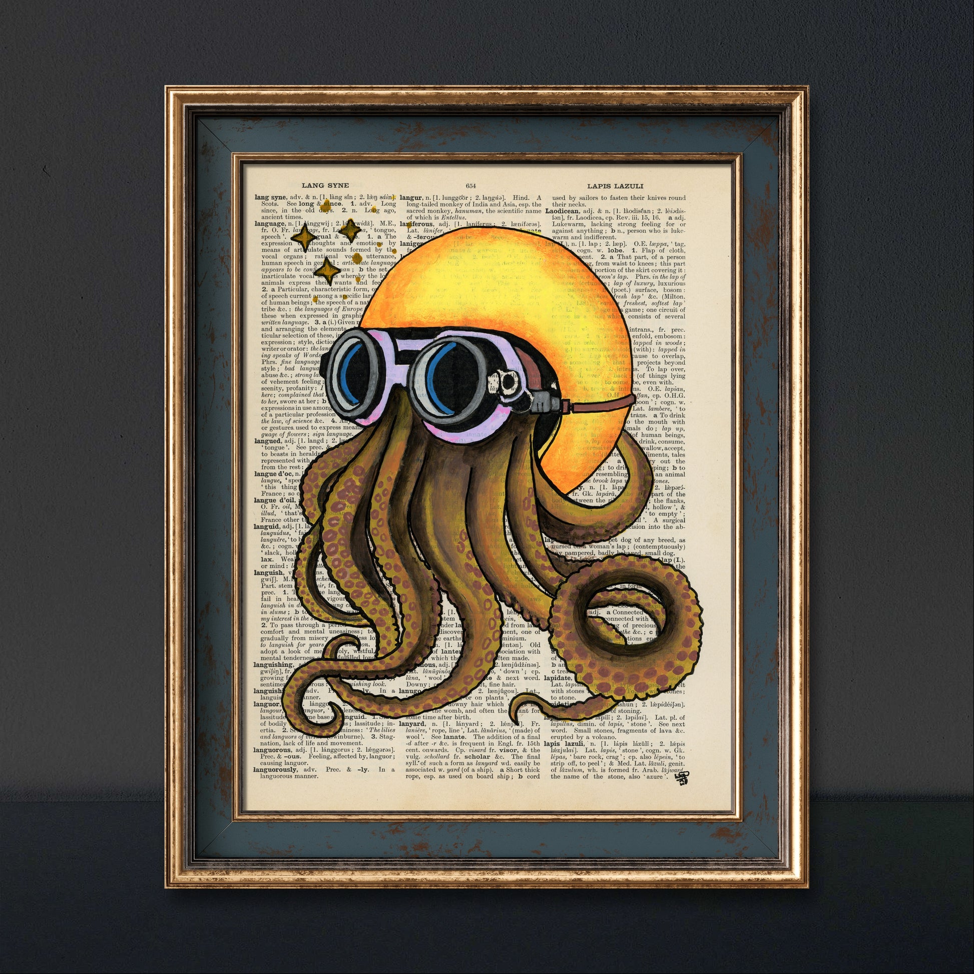 Unique octopus biker in a yellow helmet printed on an upcycled vintage dictionary page.