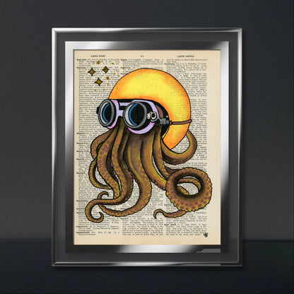Fun art of an octopus biker with a yellow helmet, painting on an antique English dictionary page.