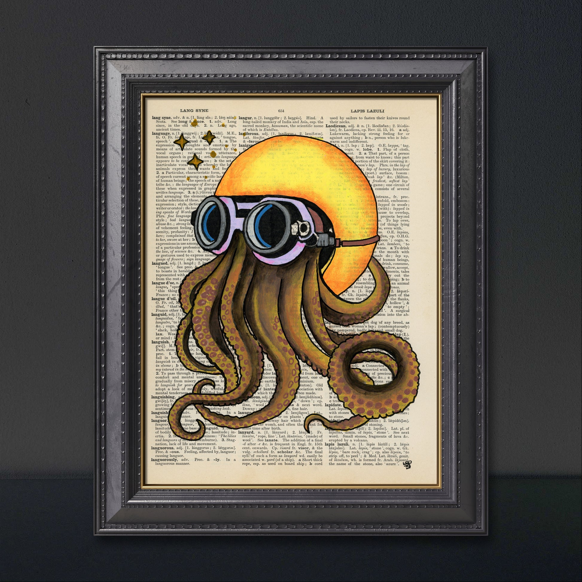 Artistic print of an octopus biker with a yellow helmet on an upcycled English dictionary page.