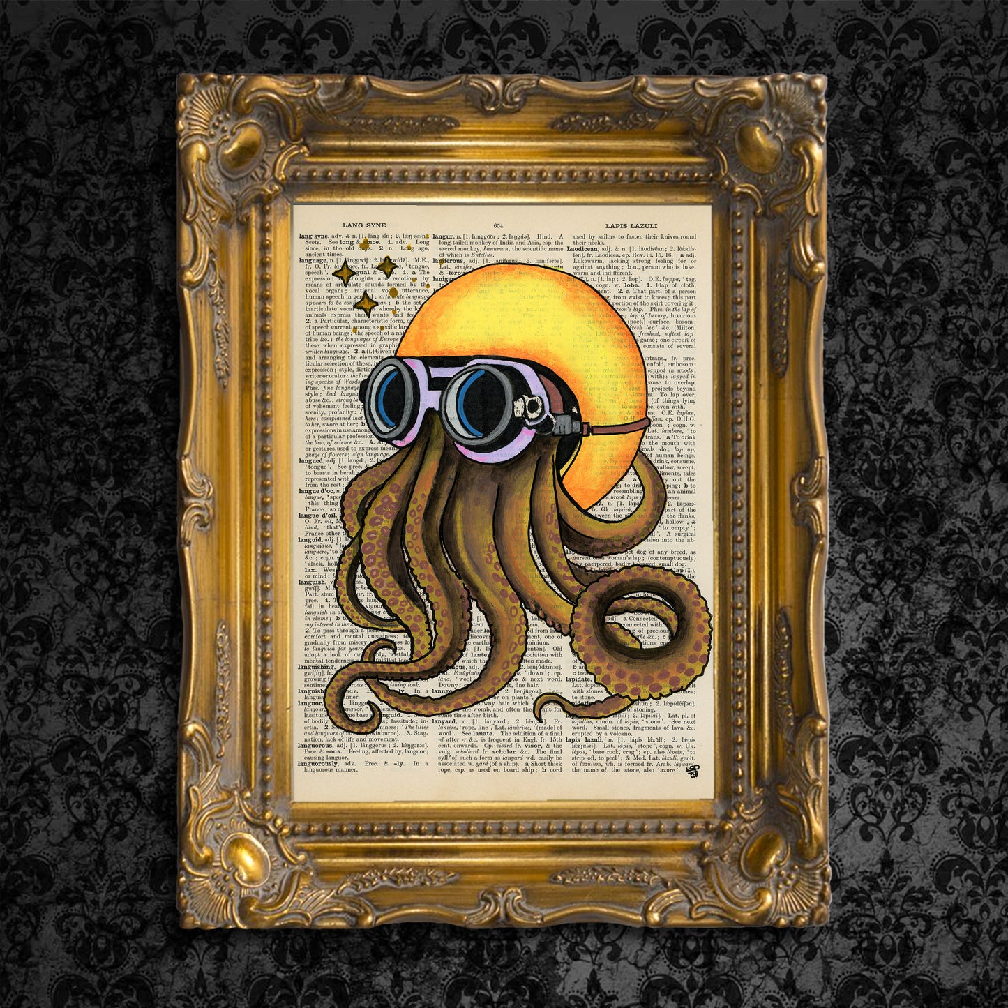 A whimsical octopus biker with a yellow motorcycle helmet painting on an upcycled dictionary page.