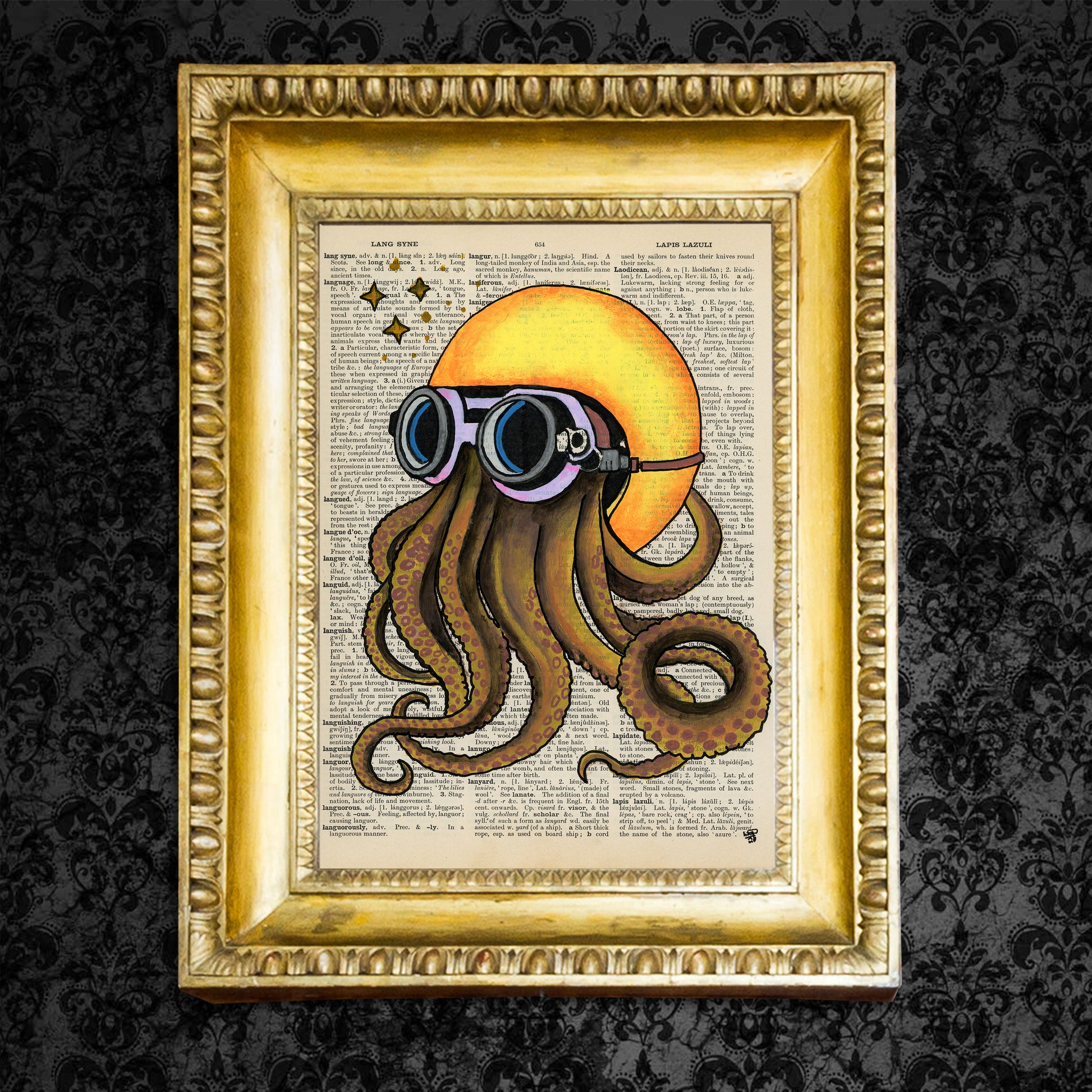 Charming octopus biker with a bright yellow helmet on a vintage dictionary page.