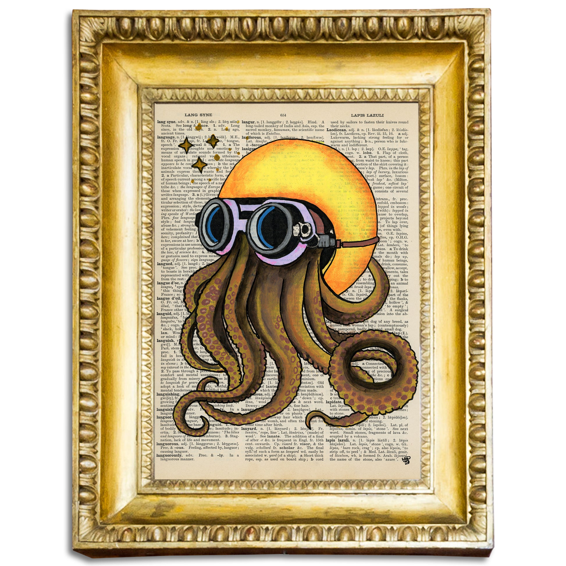 "Born To Ride" is a print on a vintage dictionary page featuring an octopus biker in a yellow helmet.