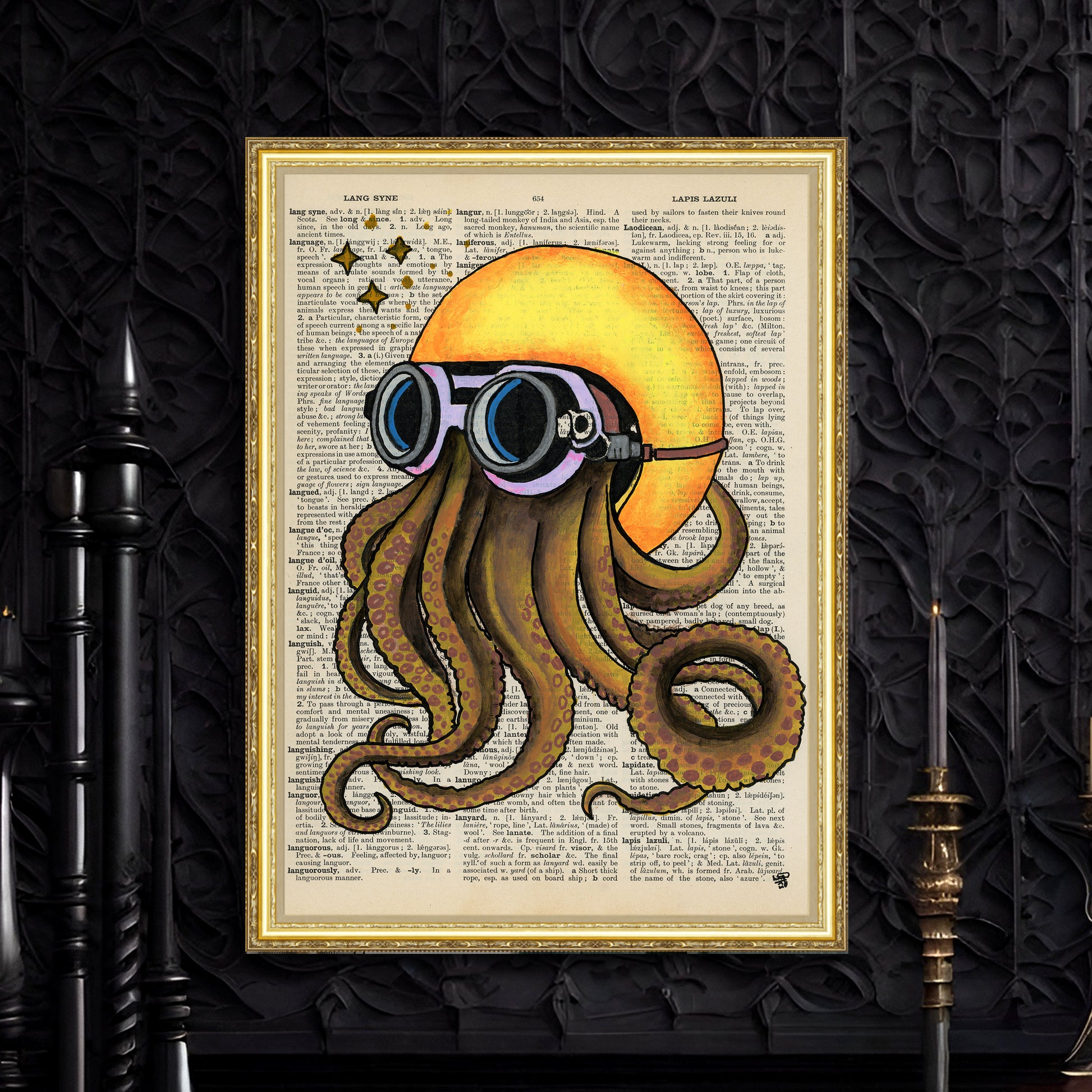 Humorous octopus biker art on a genuine vintage dictionary page, perfect for motorcycle enthusiasts.