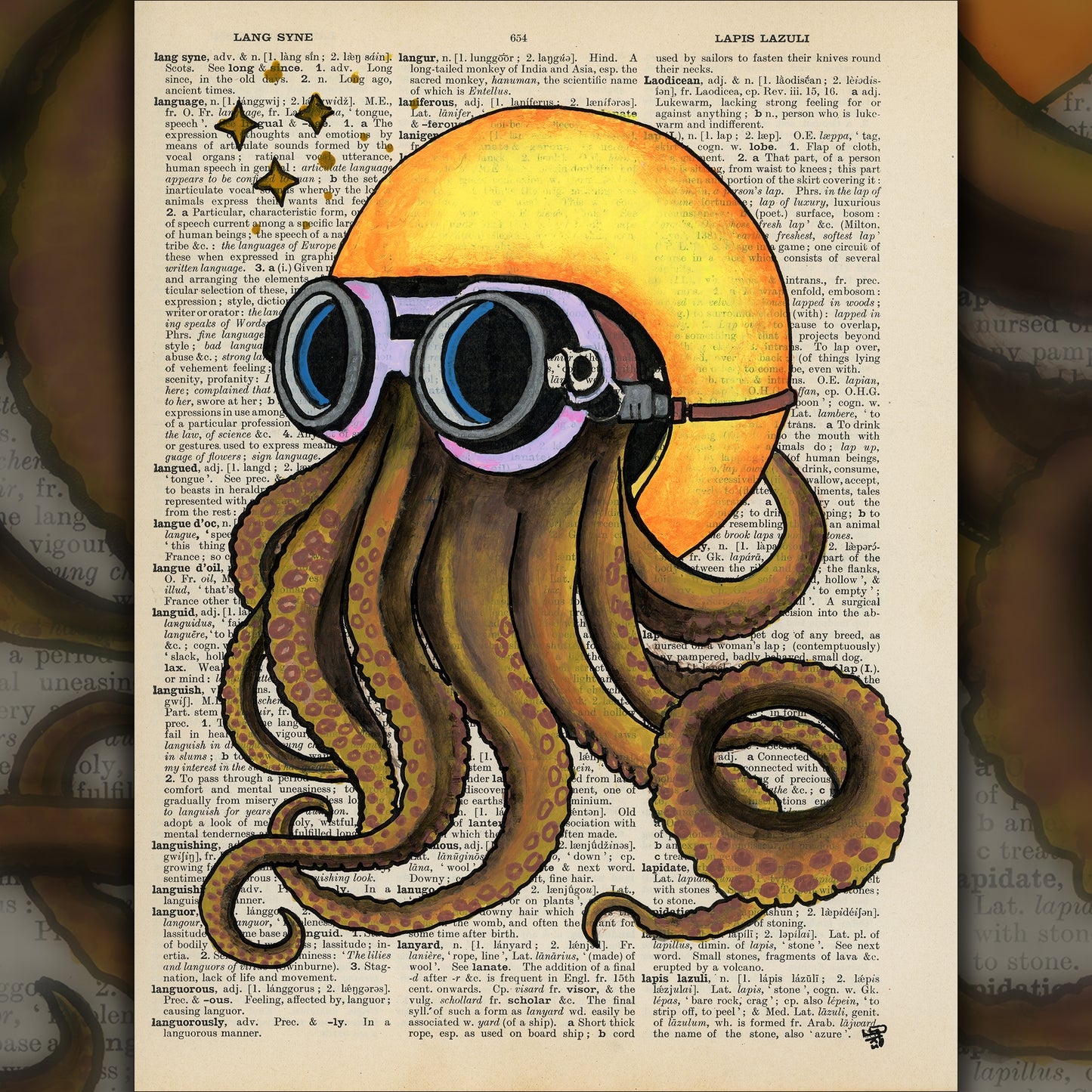 Octopus biker with long tentacles and a bright yellow helmet on a vintage dictionary page.