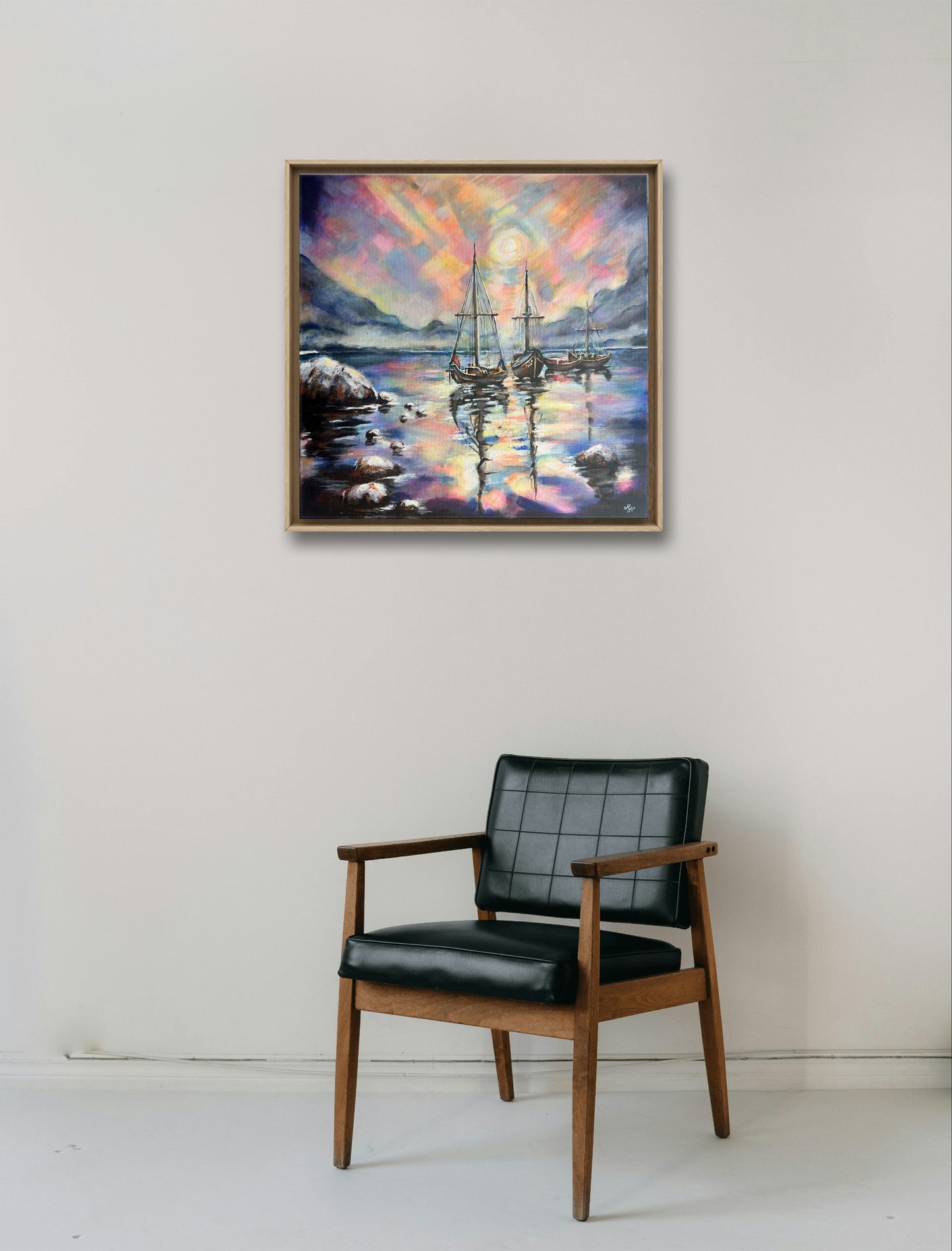 Modern acrylic painting of sailboats on glowing surreal waters