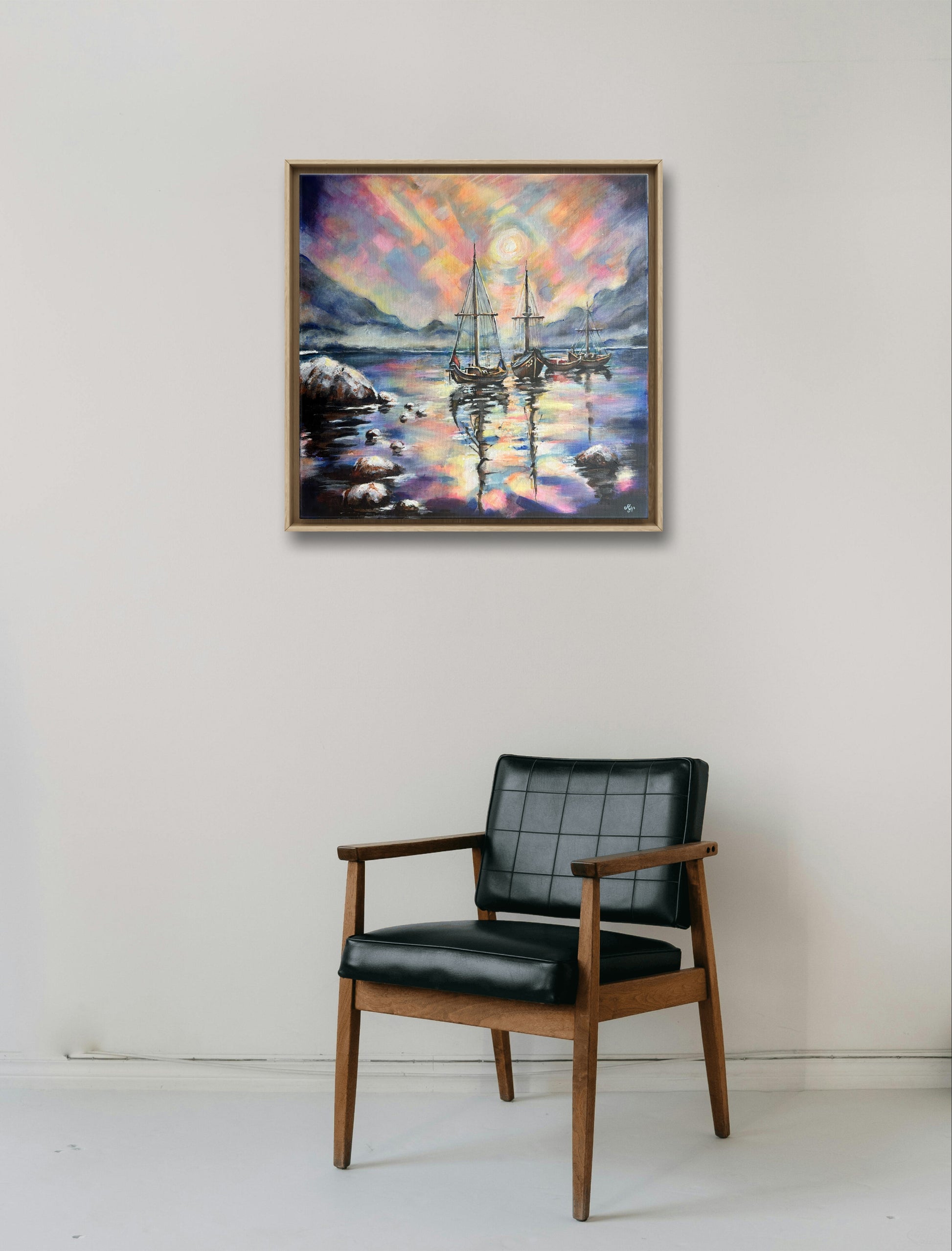 Modern acrylic painting of sailboats on glowing surreal waters