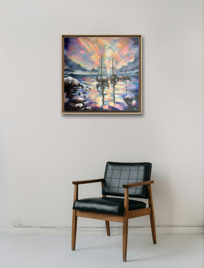 Modern acrylic painting of sailboats on glowing surreal waters