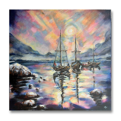 Surreal seascape painting with sailboats on neon water by Malgorzata Nierobisz