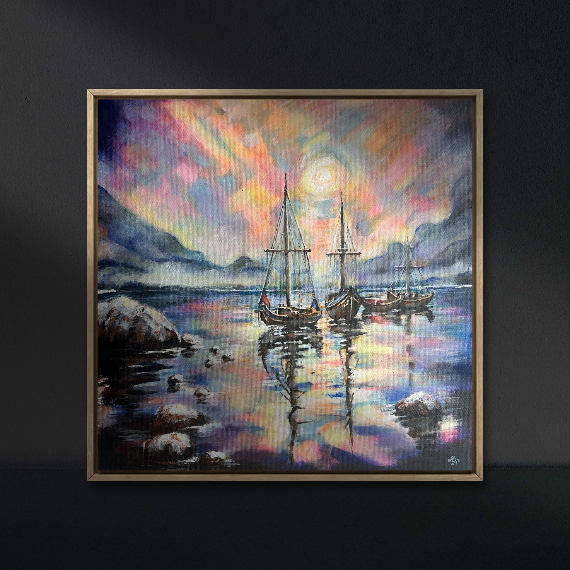 Dreamlike ocean scene with glowing sky and calm boats acrylic art