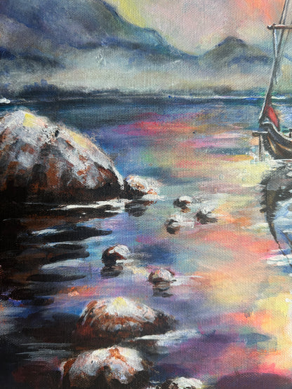 Hand painted seascape art by Malgorzata Nierobisz neon sky over calm sea