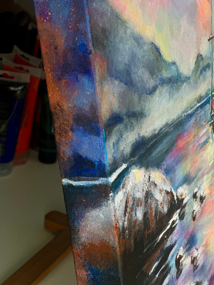 Acrylic canvas with dreamlike boats and vibrant light reflections