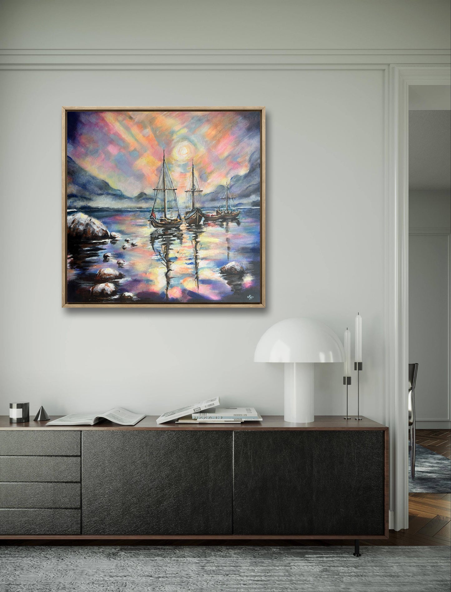 Neon light reflection on sea surface surreal landscape painting