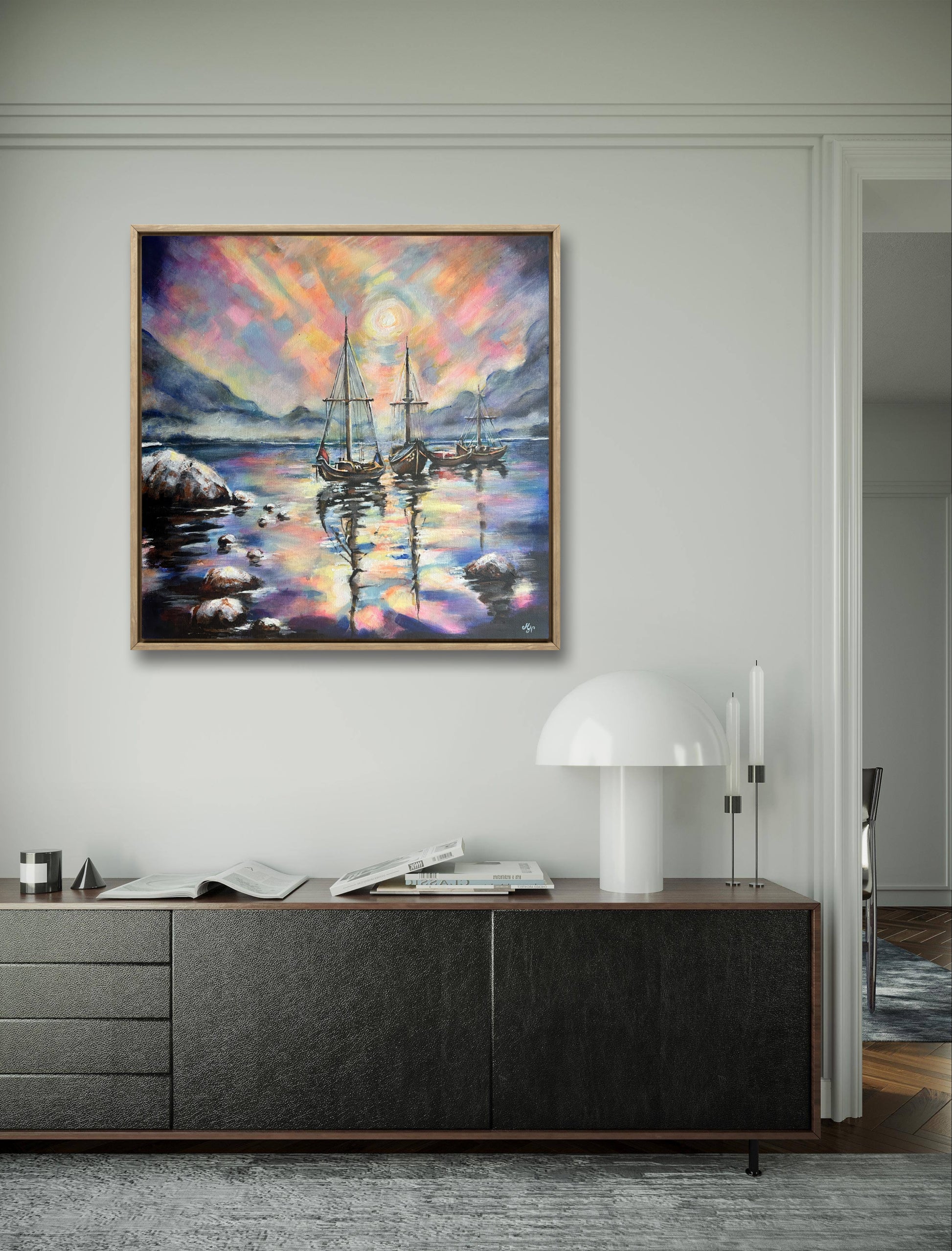 Neon light reflection on sea surface surreal landscape painting