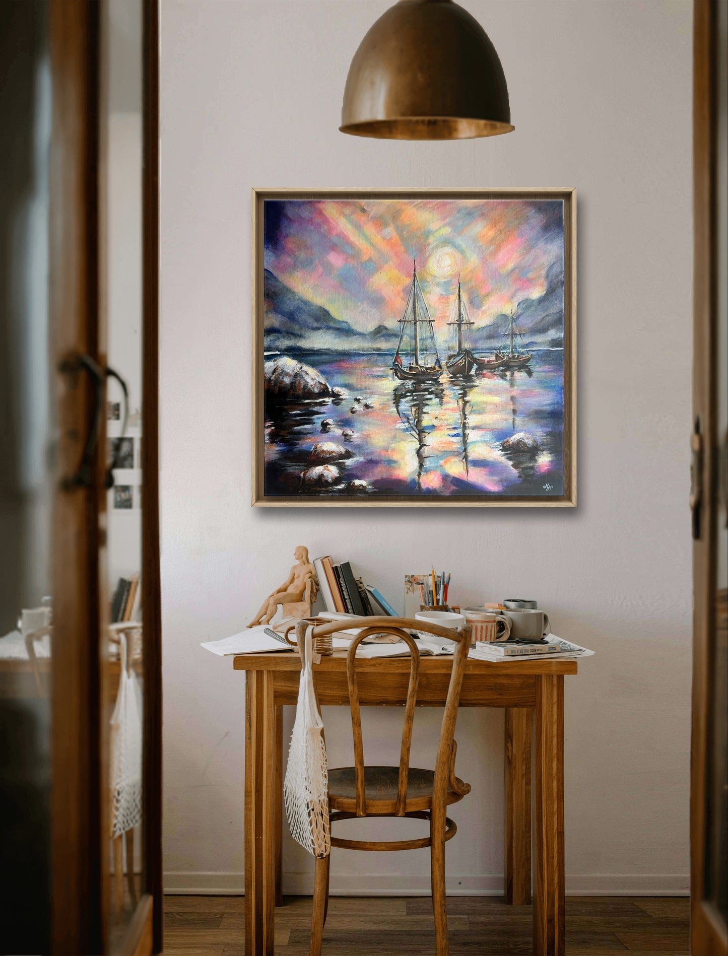 Luminous seascape artwork with tranquil boats and stone shore