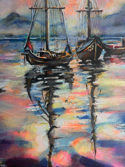 Surreal coastal painting with glowing water and peaceful mood