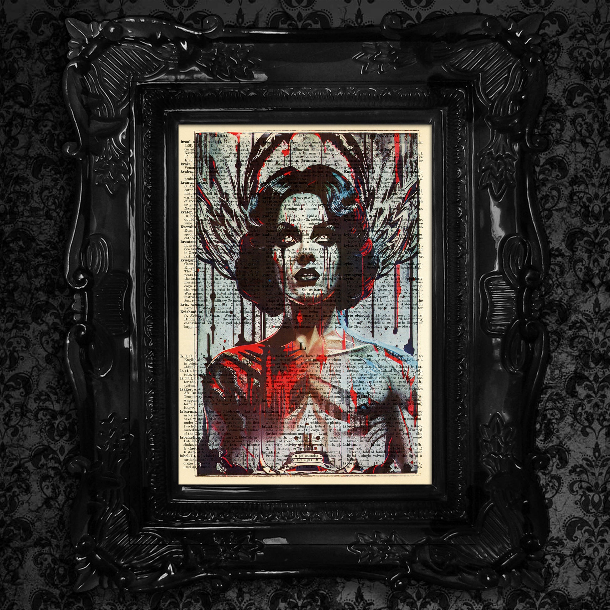 Vintage-style horror artwork with a creepy portrait on a dictionary page.