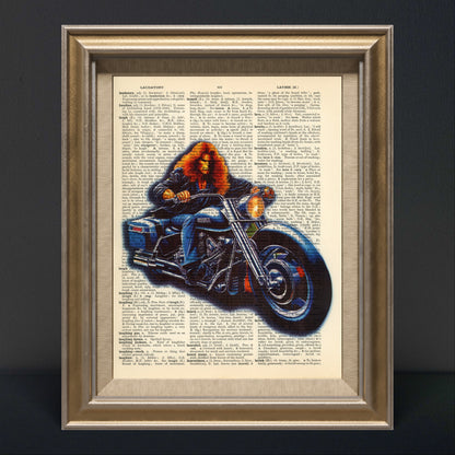"Born To Be Wild" print featuring a motorcyclist on a vintage dictionary page.