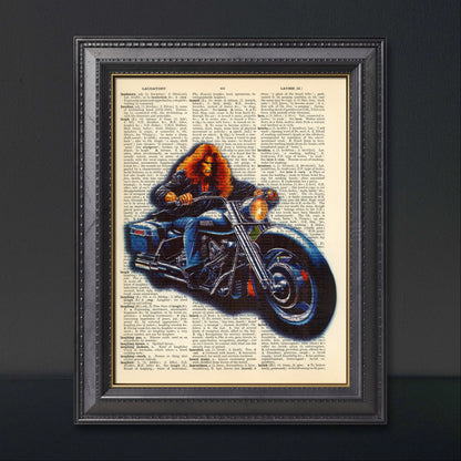 Long-haired motorcyclist on a Harley, printed on an upcycled dictionary page.