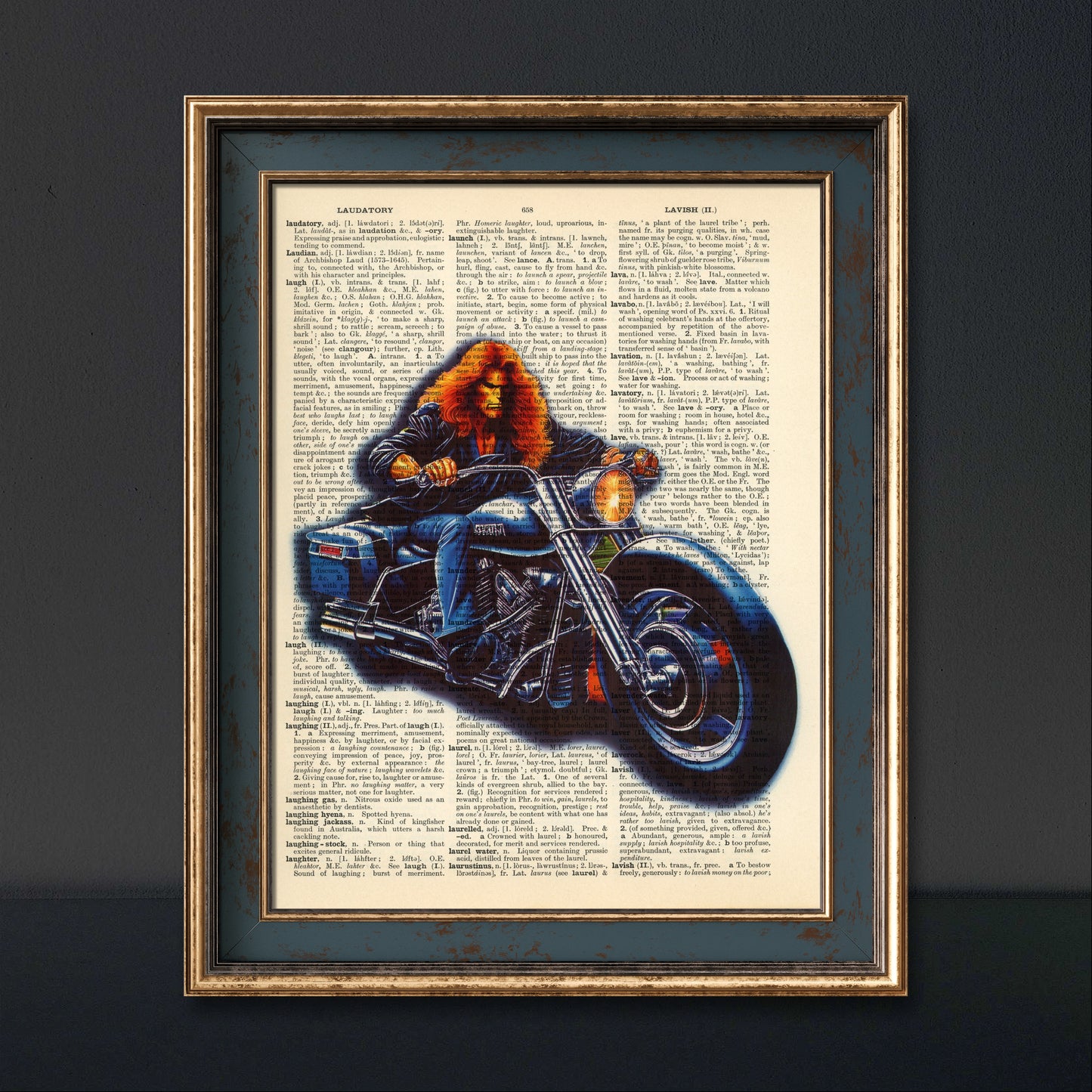 Motorcycle enthusiast artwork featuring a rider on a Harley Davidson.