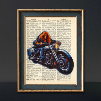 Motorcycle enthusiast artwork featuring a rider on a Harley Davidson.