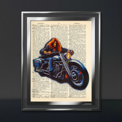 Digital art of a biker on a vintage English dictionary page.
