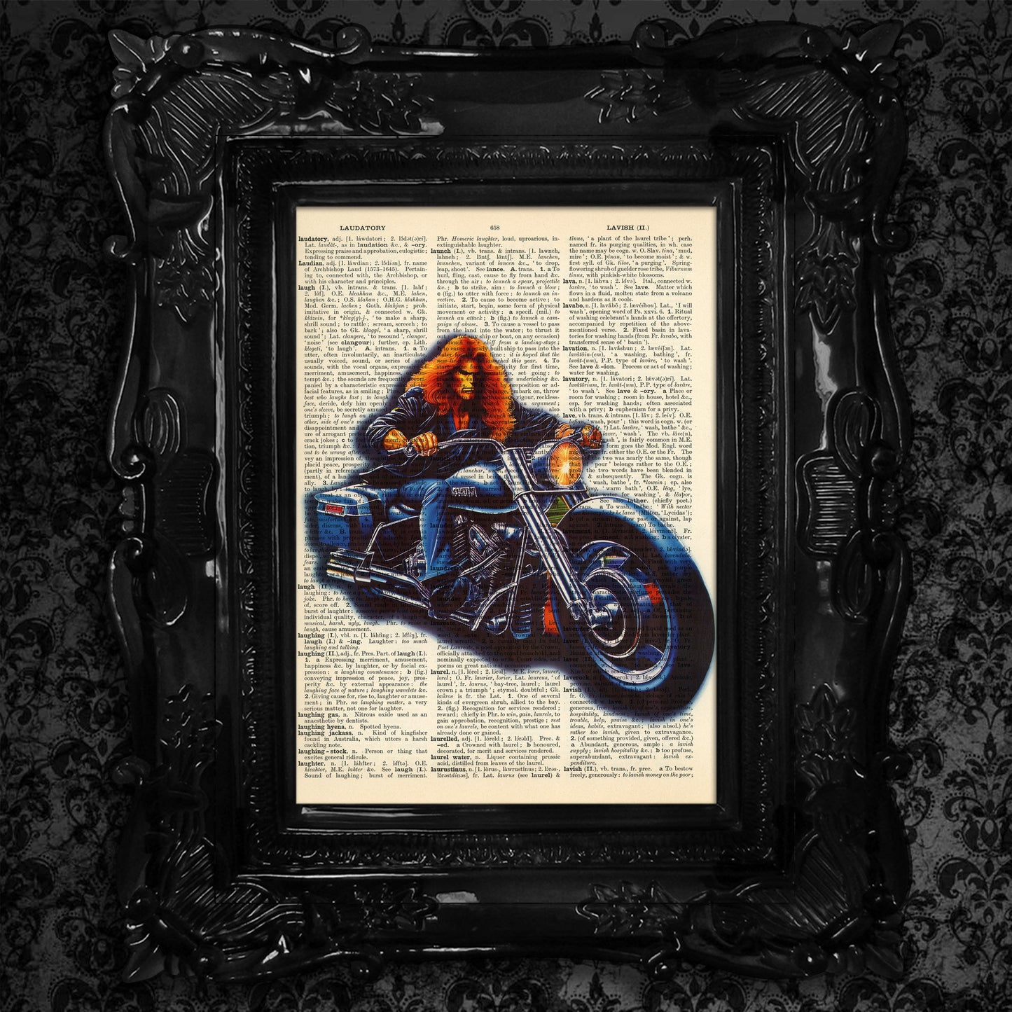 Long-haired biker on a Harley in a limited print on an upcycled page.