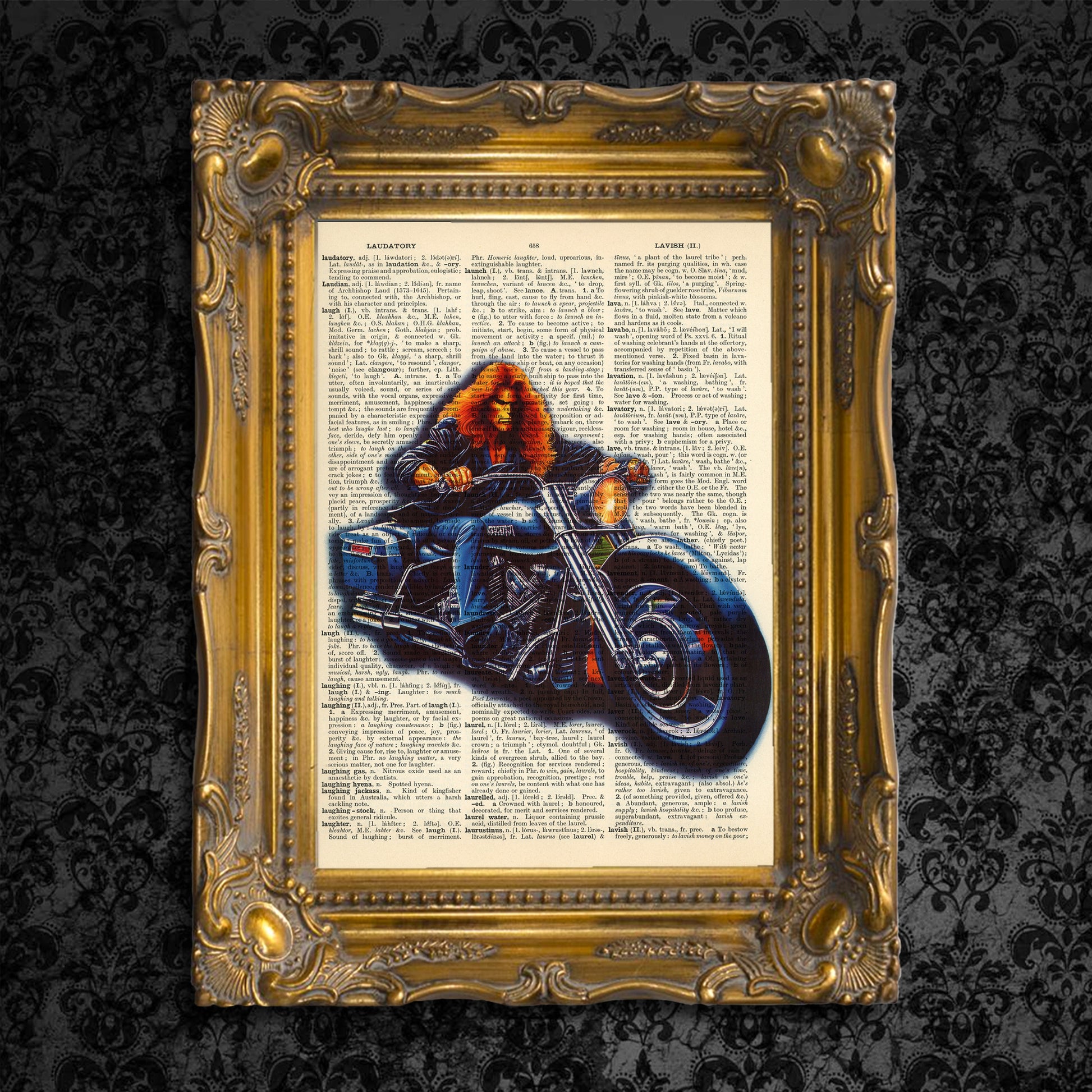 Limited series print of a biker on a vintage English dictionary page.