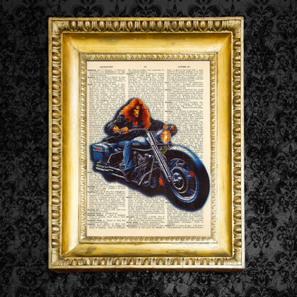 Harley Davidson rider artwork on an original vintage dictionary page.