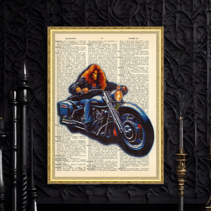 Digital print of a biker on an original upcycled English dictionary page.