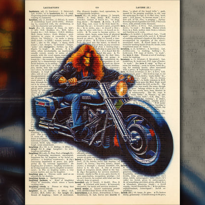 Long-haired man riding a Harley Davidson motorcycle on a vintage dictionary page.
