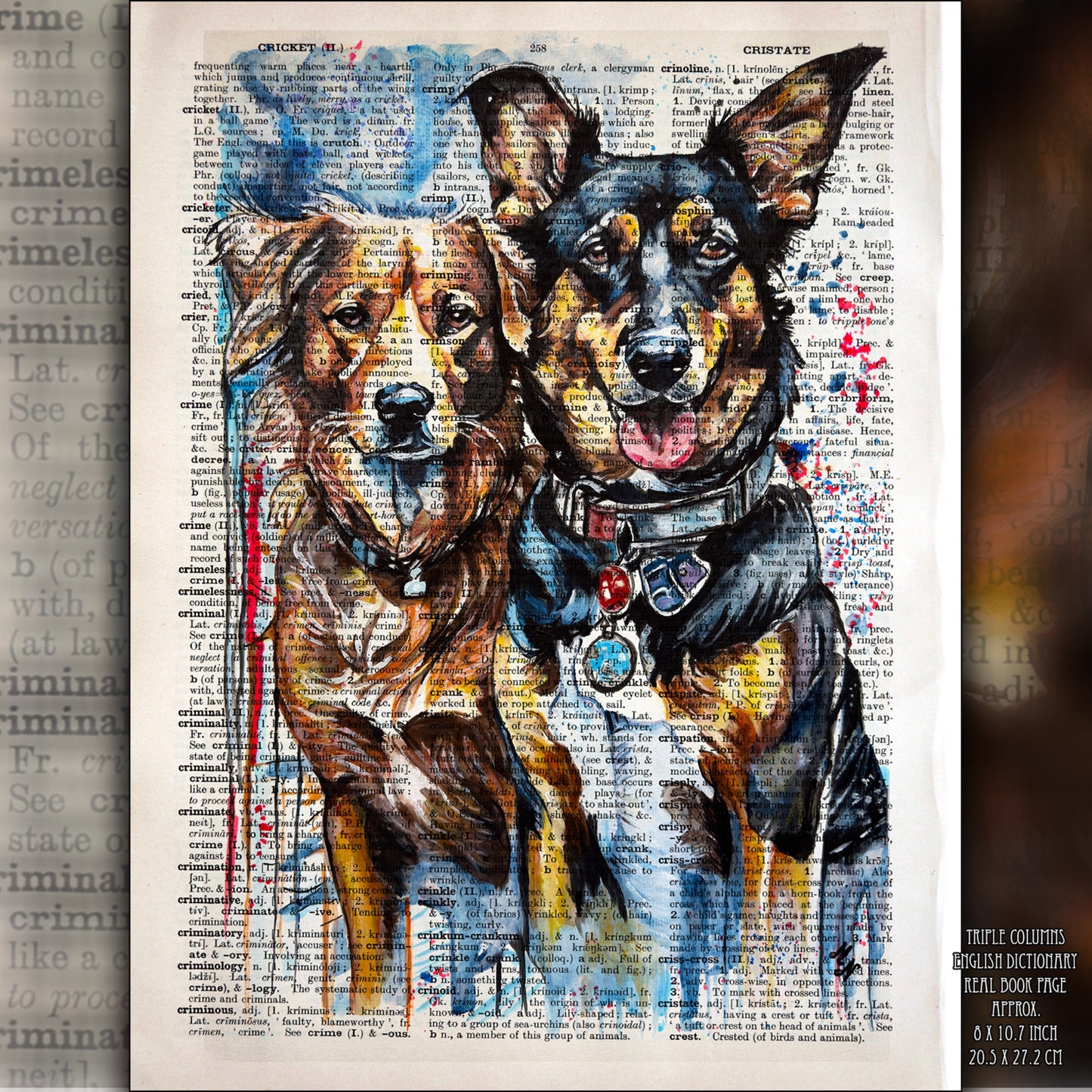 Digital art "Friends" by Malgorzata Nierobisz, showcasing two dogs with detailed fur, reflecting mutual trust and affection on an upcycled vintage dictionary page.