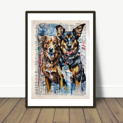 "Friends" by Misty Lady, a vibrant portrayal of two dogs side by side, created on an upcycled 1930s English dictionary page.