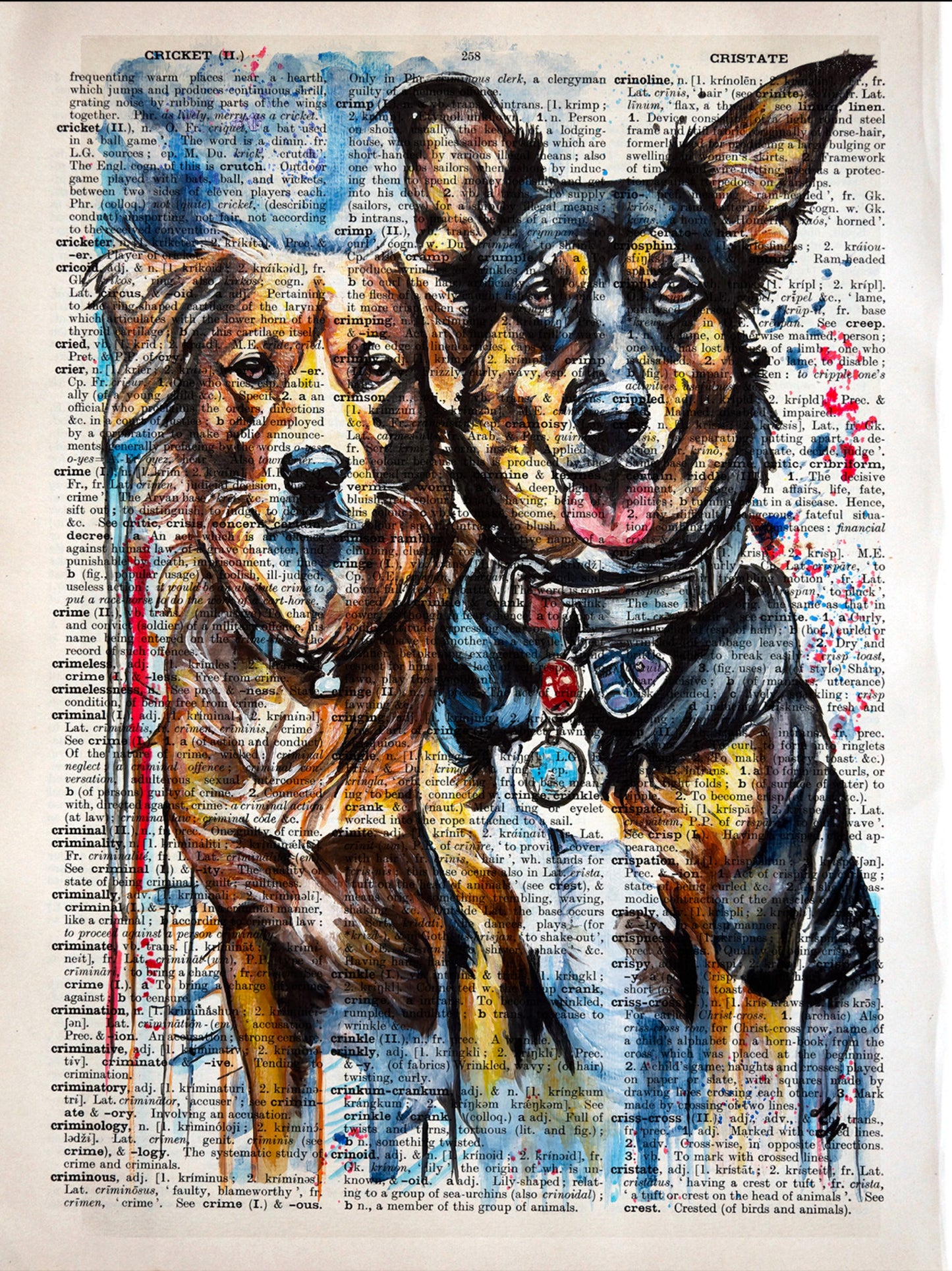 Heartwarming digital artwork "Friends" by Misty Lady, featuring two dogs with delicate brushstrokes on a vintage dictionary page.