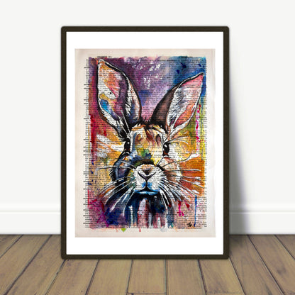 "Abstract Rabbit" by Misty Lady, featuring an abstract rabbit created on an upcycled 1930s English dictionary page.