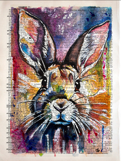 Abstract digital artwork "Abstract Rabbit" by Misty Lady, with an expressive rabbit design on a vintage dictionary page.
