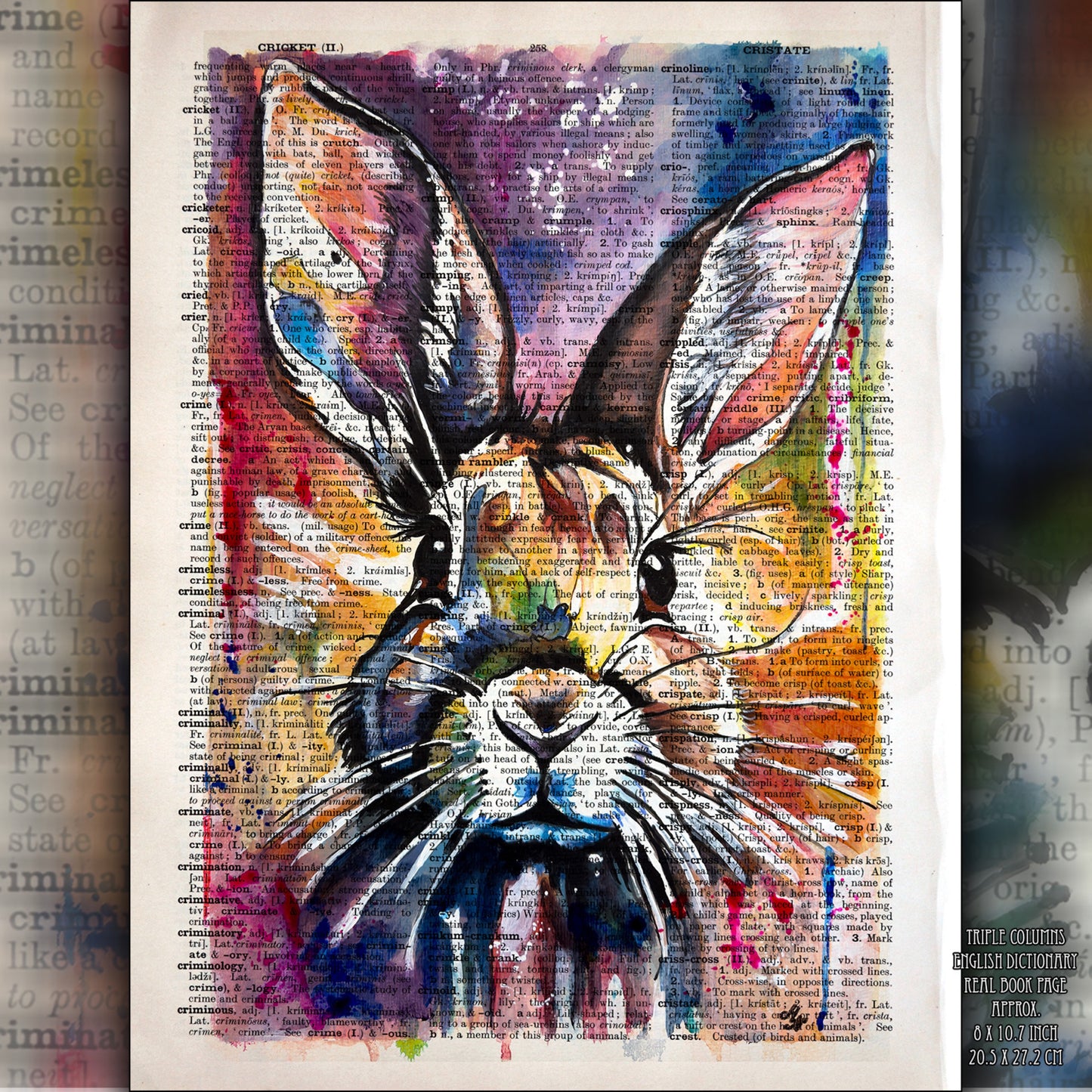 Digital art "Abstract Rabbit" by Malgorzata Nierobisz, showcasing an artistic rabbit design on an upcycled vintage dictionary page.
