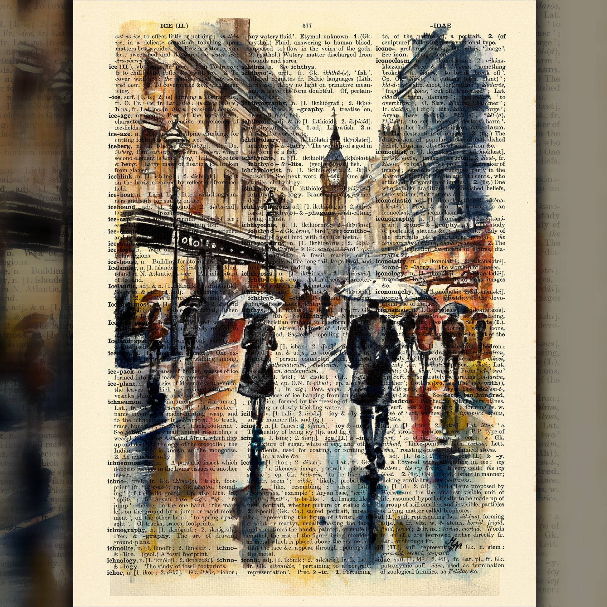 Digital art of London city streets with people walking near Big Ben, on an upcycled 1930s dictionary page.