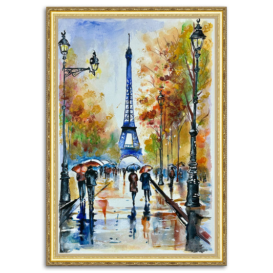 Artwork titled "Walking Around To The Eiffel Tower" depicting a rainy day in Paris on watercolor paper.