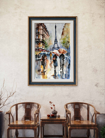 A rainy day in Paris beneath the Eiffel Tower, capturing the city's elegance and charm with soft mist and reflections.