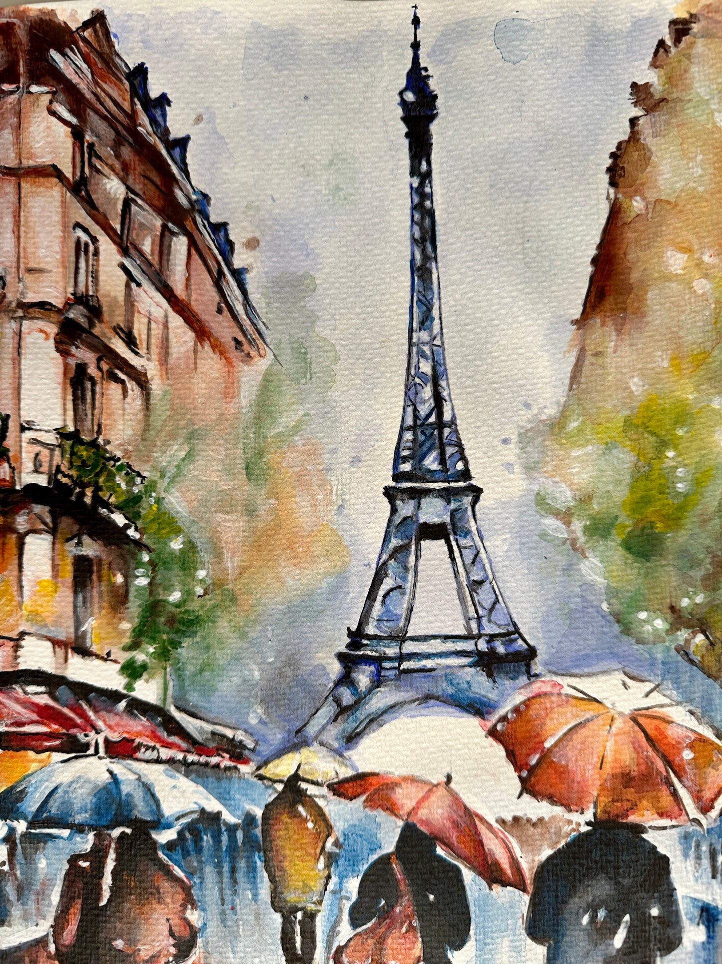 Parisian street scene under the Eiffel Tower, with wet pavements reflecting figures in this atmospheric painting.