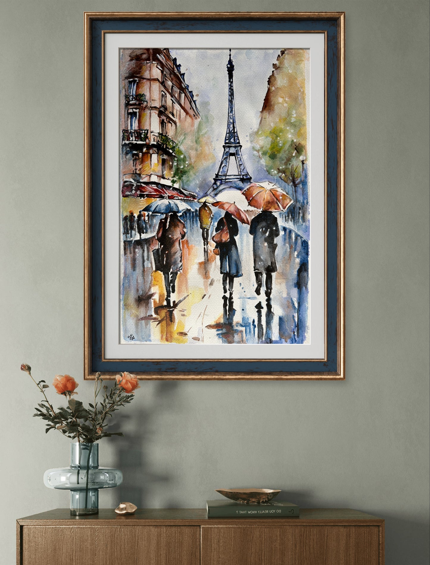 A misty silhouette of the Eiffel Tower rising against a rain-soaked Paris sky, evoking the city's timeless beauty.