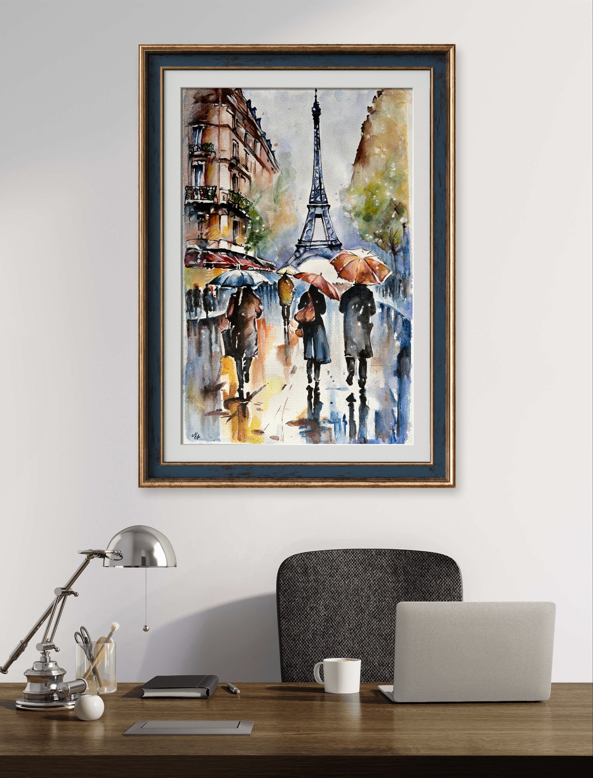 Eiffel Tower on a rainy day, shrouded in mist, with reflections on the ground creating a sense of movement in Paris.