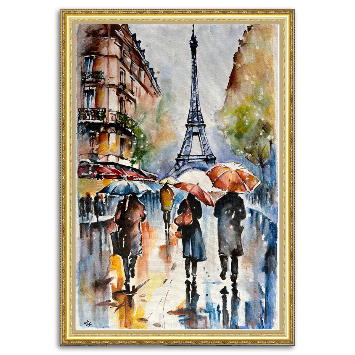Painting of the Eiffel Tower on a misty, rainy day in Paris, with reflections on wet pavement adding depth and movement.