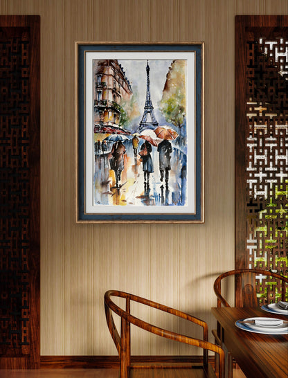 Painting of the Eiffel Tower and wet streets of Paris, where mist and rain create a magical, serene atmosphere.