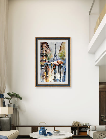 Rainy Paris scene featuring the Eiffel Tower, with reflections on the pavement adding elegance and depth to the artwork.