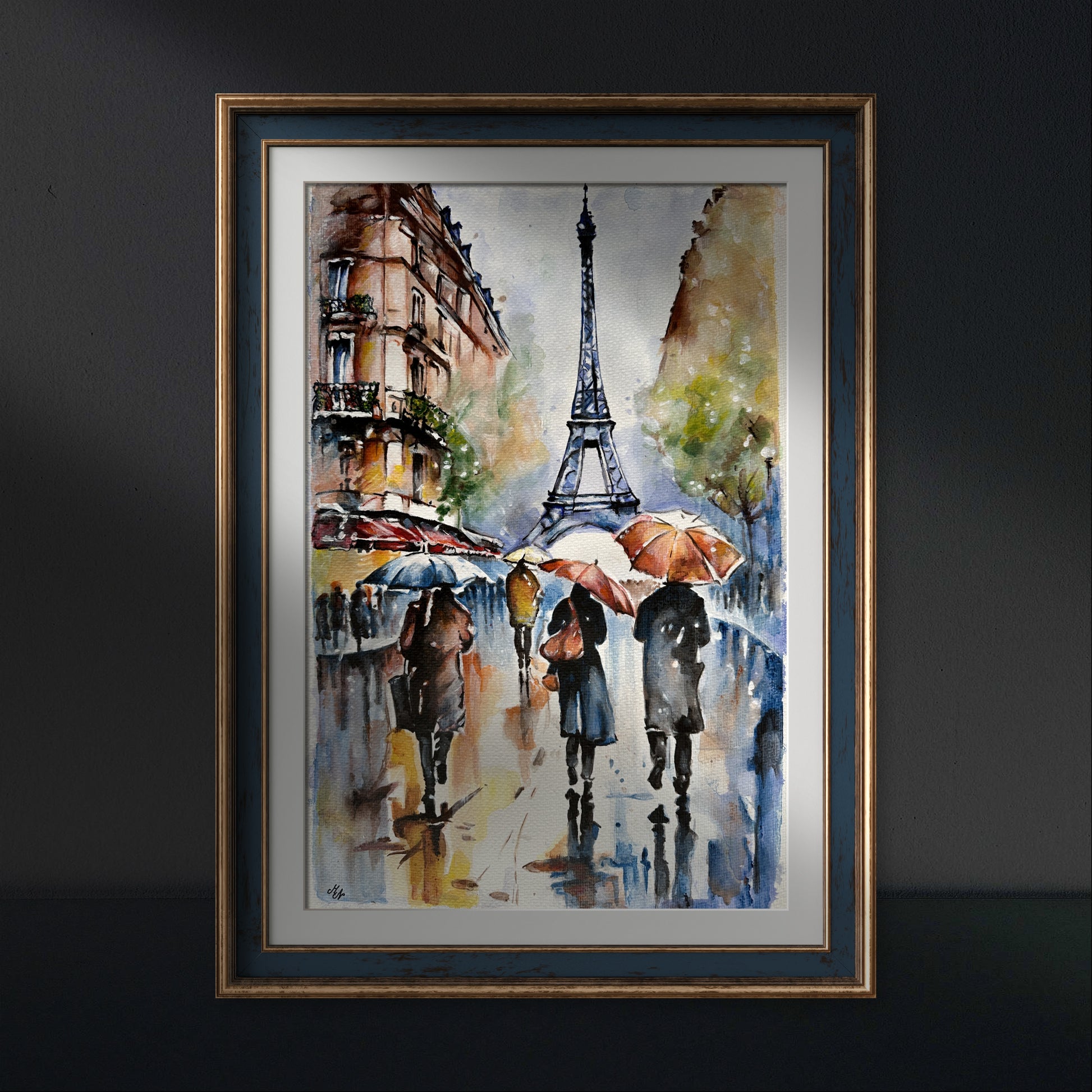 Misty, rainy day in Paris with the Eiffel Tower towering above, reflections on wet streets creating a serene ambiance.