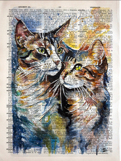 Digital art "Colorful Companions" by Misty Lady, showcasing two colorful cats on a vintage dictionary page.