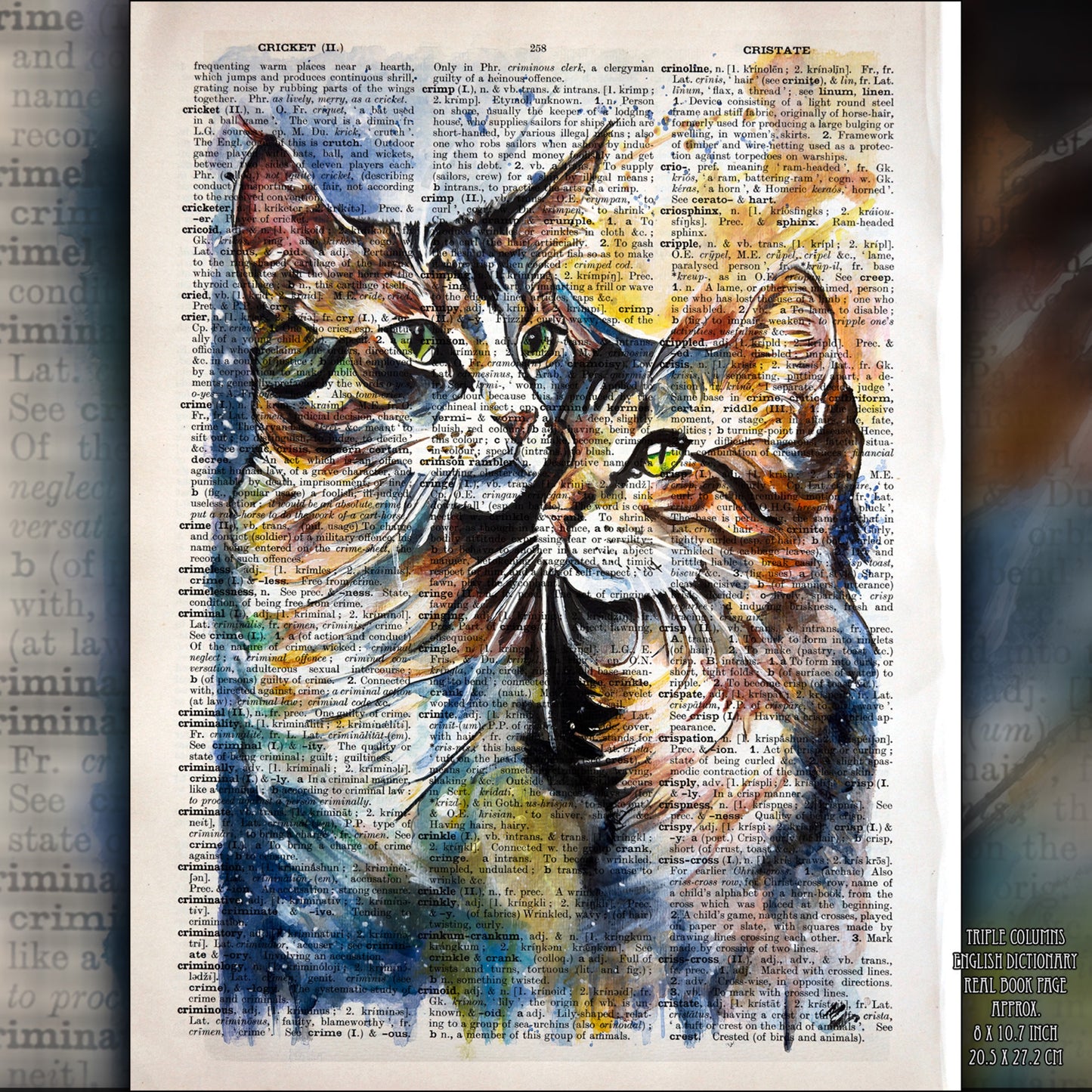 Digital art "Colorful Companions" by Malgorzata Nierobisz, featuring two vibrant cats on a vintage dictionary page.