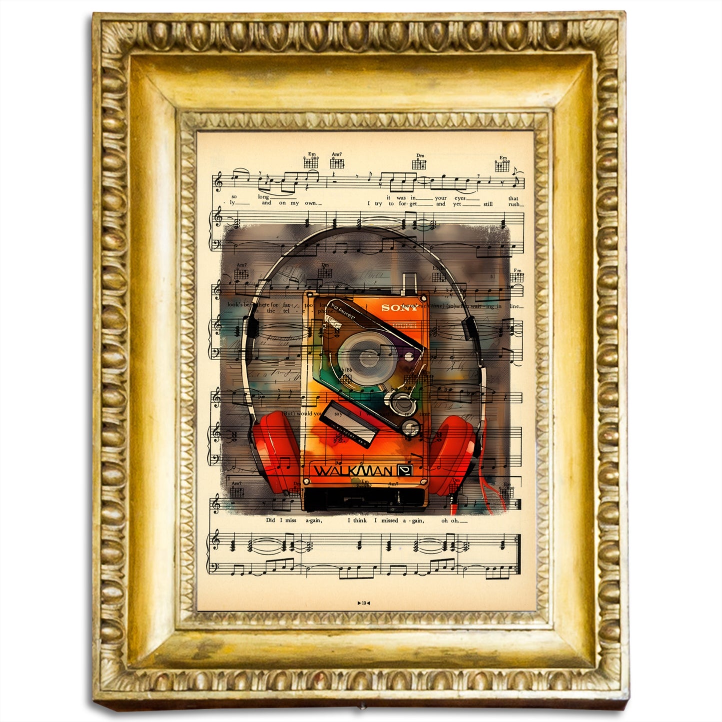 "Vintage Walkman Art Print on Upcycled Page"