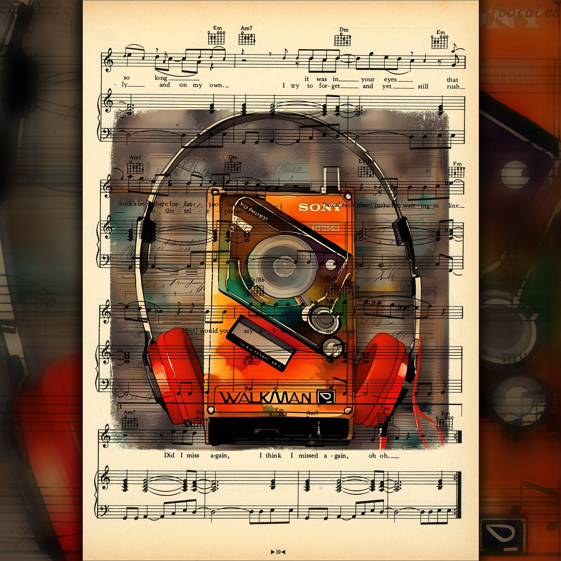 "Nostalgic Walkman Artwork on Authentic Vintage Paper"